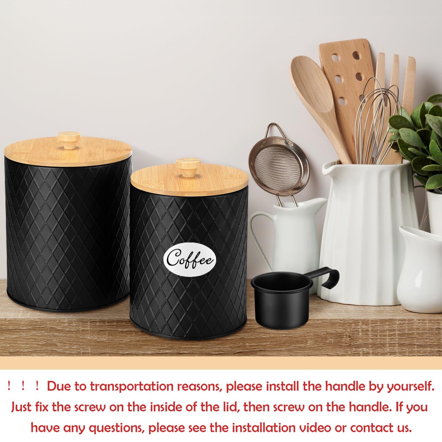 Reallnaive 2 Pcs Black Coffee Canister Set for Kitchen Countertop Bar Flour Sugar Tea Storage Container Farmhouse Metal Spice Jar with Airtight Bamboo Lid Spoon & Labels Housewarming Gift (2 Sizes)