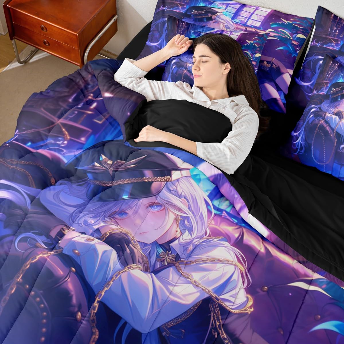 Anime Girl Comforter Set With Sheets Twin Size Japanese Anime 7 Piece Bedding Set For Kids Boys Teens Women Bedroom Decor, Cartoon Girl Bed In A Bag Japanese Animation Kawaii Bed Sets, Purple