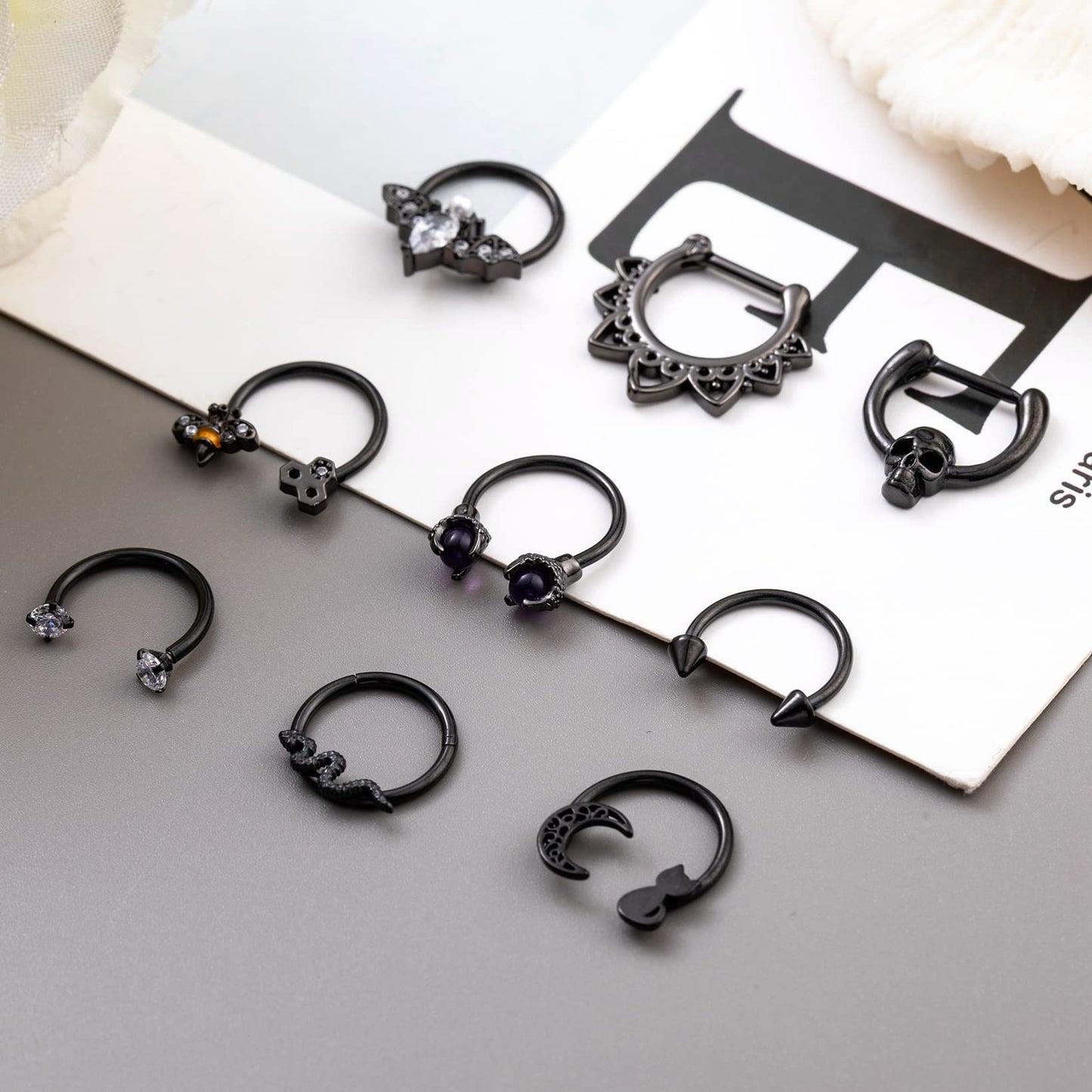 LOREMOW 9 PCS 16G Stainless Steel Horseshoe Septum Rings for Women Cartilage Helix Tragus Earrings Daith Earrings Hoop Snake Bat Gothic Piercing Jewelry B
