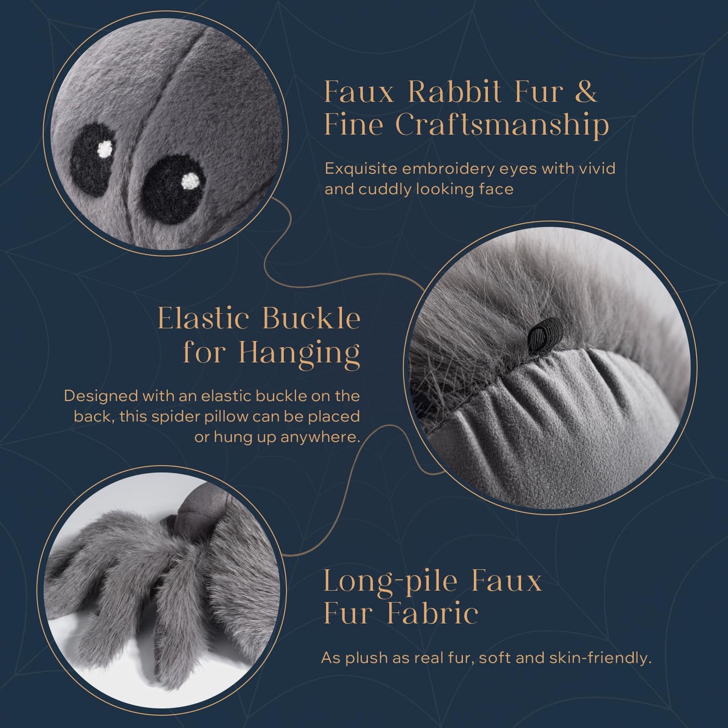 Phantoscope Happy Halloween Spider Shaped Throw Pillow, Faux Fur Fluffy Tarantula Shaped Halloween Cushion Pillow, Deep Gray, 9.5 x 16 inch