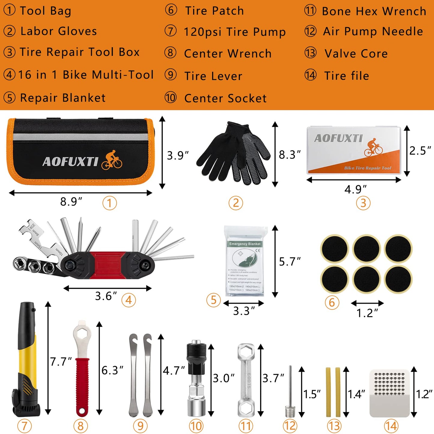 AOFUXTI Bicycle Tire Patch Repair Kit, Bike Chain Repair Wrench, Essential Mini Pump, Portable Adult Bicycle Toolkit Accessories,Tool Kit for Camping Travel, Best Gifts for Men and Women