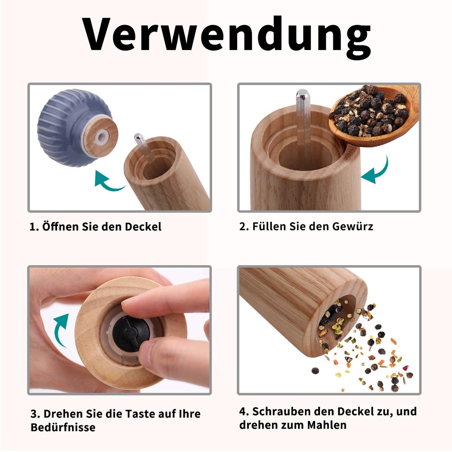 HAIPUSEN Wood and Ceramic Pepper Grinder Set - Salt and Pepper Mill Spice Mill with Adjustable Coarseness, 7 inches (Without Tray)