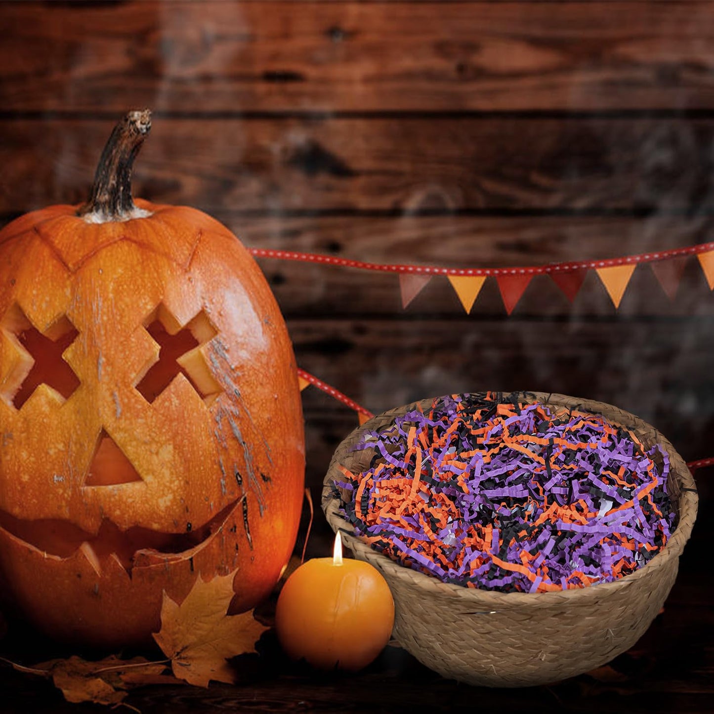 Gloreyan 1LB Halloween Crinkle Cut Paper Shred, Black Orange Purple Raffia Paper Sherd Filler Grass for Gift Wrapping Basket Filling Birthdays Weddings Party Supply