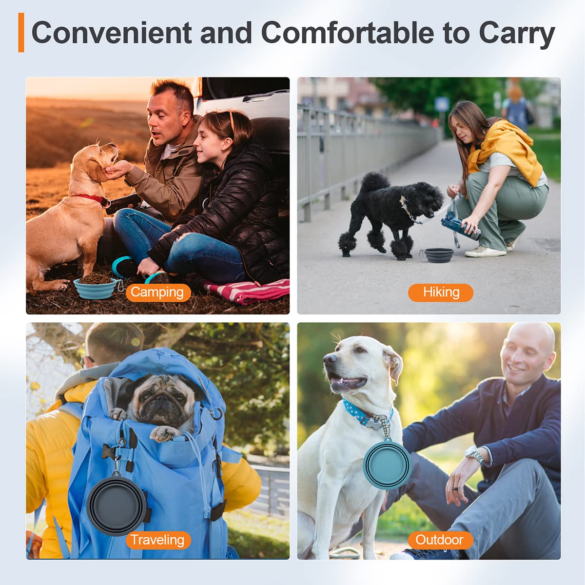 Kytely Collapsible Dog Bowls 2 Pack (650ml) - Portable Travel Pet Food & Water Bowls with Carabiner Clip, Foldable Feeding Dish for Dogs Cats, Hiking Walking Camping (Blue+Grey)