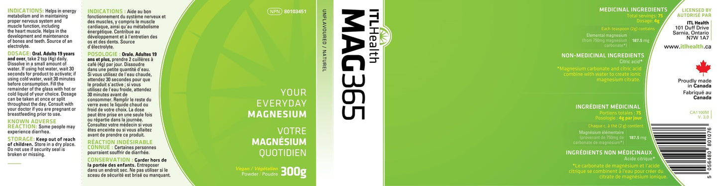 MAG365 Magnesium Citrate Powder - Highly Absorbable Magnesium Supplement - Unflavoured 300g