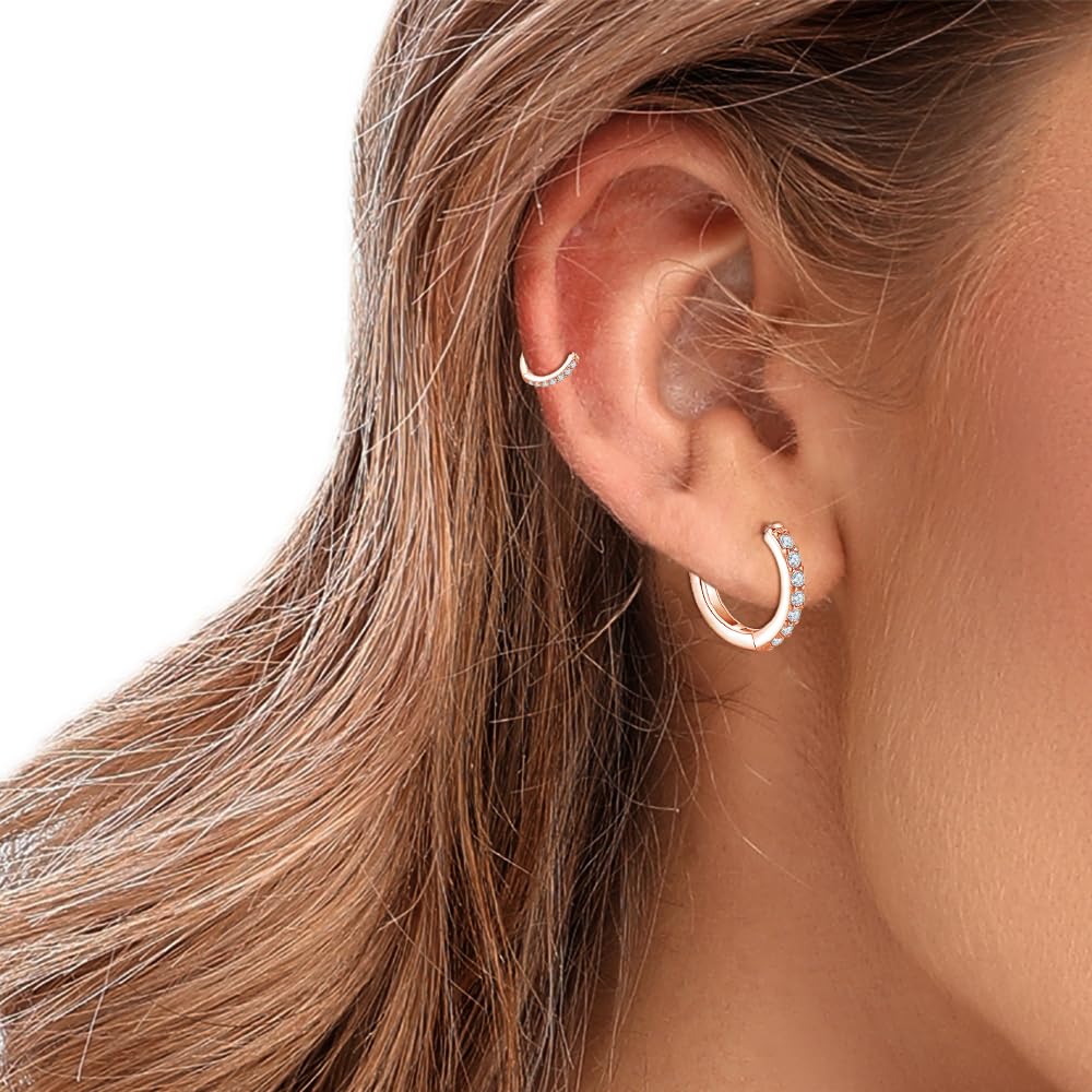 Rose Gold Cartilage Earring Hoop Sterling Silver Small Hoop Earrings Cubic Zirconia Cuff Huggie Mini Hoops Piercing for Women 8mm 10mm 12mm