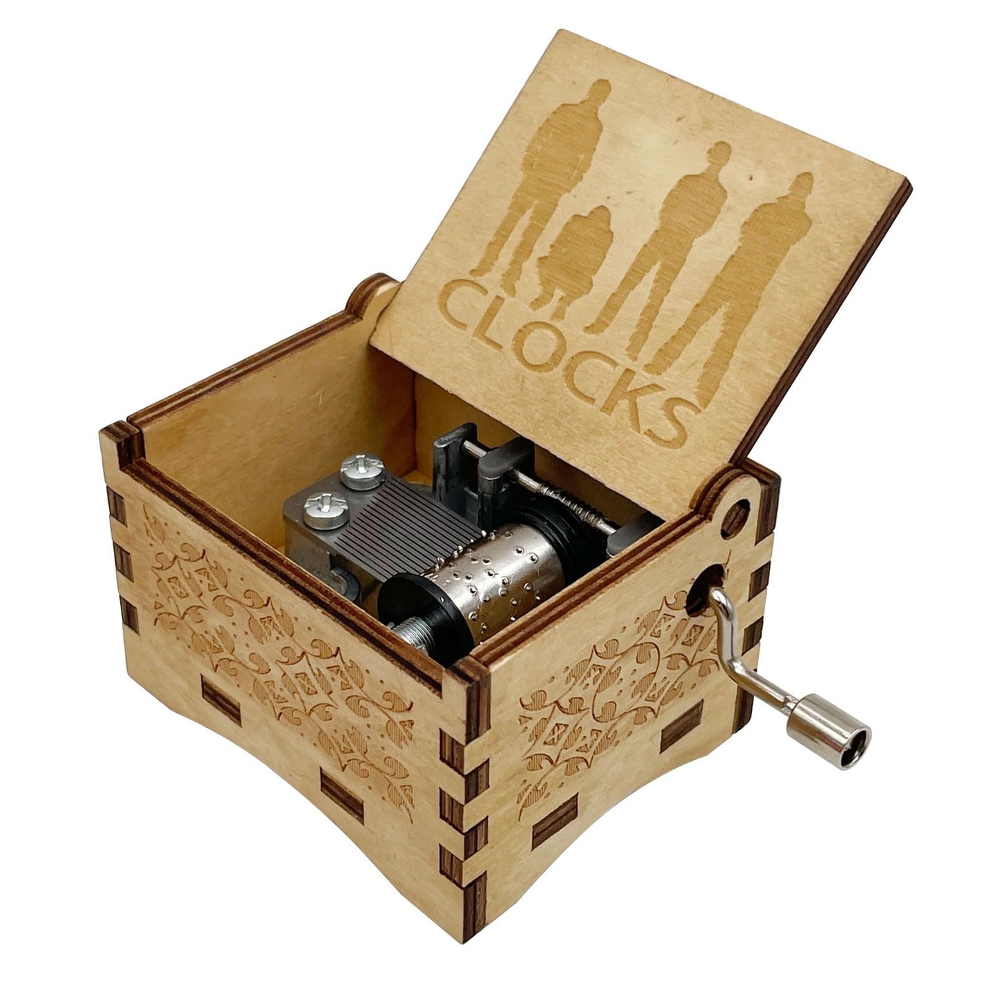 STARRUM Vintage Wooden Clocks Music Box Hands Crank Laser Design Musical Box for Men Women Birthday Christmas gifts (Clocks)