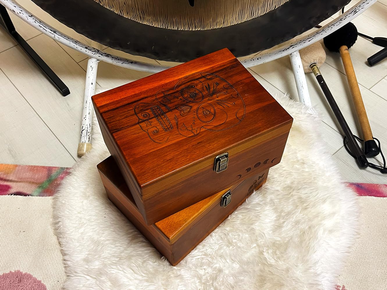 Sugar Skull Wooden Stash & Keepsake Box – Large 11” x 8.5” x 5” Engraved Wood Storage Box with Hinged Lid & Latch – Day of the Dead Memory Box for Tarot, Herbs, Jewelry & Gifts, Limited Run