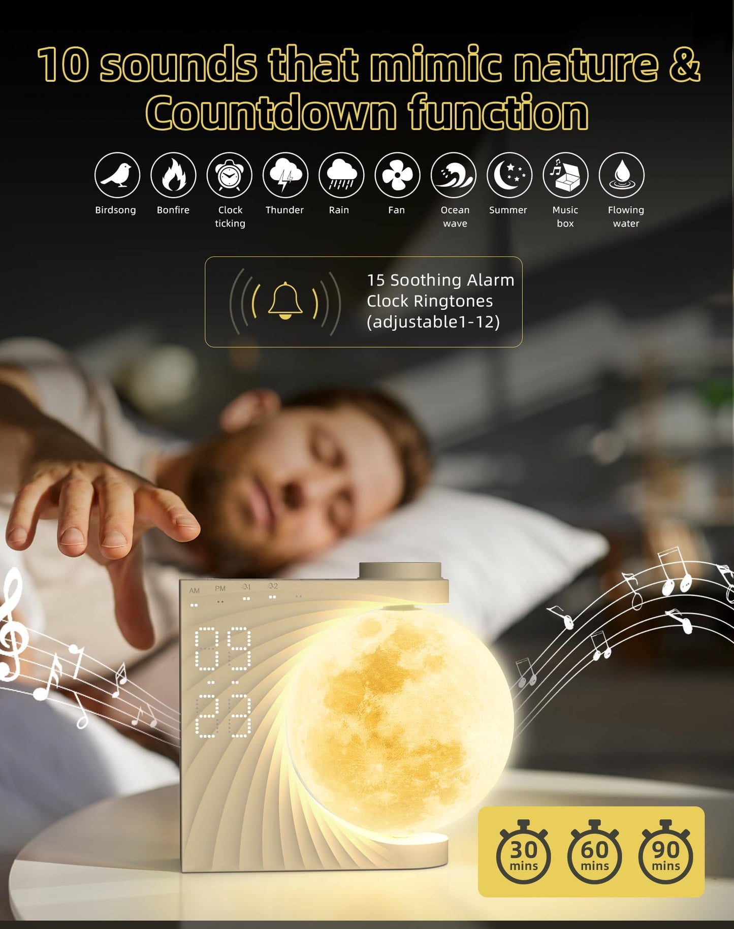 INSSISAIN Sunrise Alarm Clock for Bedrooms - Auto-Rotating Moon Lamp with Wake-Up Light & Night Light, 10 Nature Sounds, Dual Alarms for Heavy Sleepers, 30/60/90 Timer & Snooze