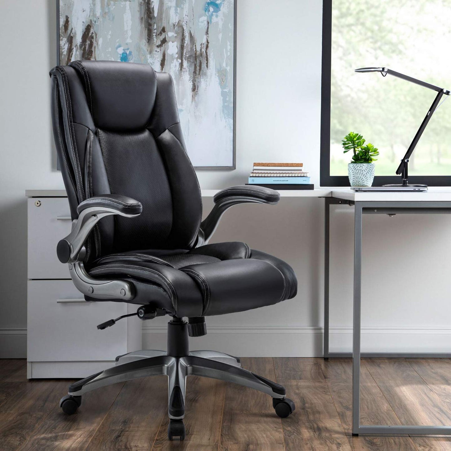 COLAMY Executive Office Ergonomic Chair with Thick Bonded Leather, 300lbs Capacity Big and Tall High Back Desk Chair with Flip-up Armrests, Adjustable Height and Tilt for Working, Study, Gaming,2PC