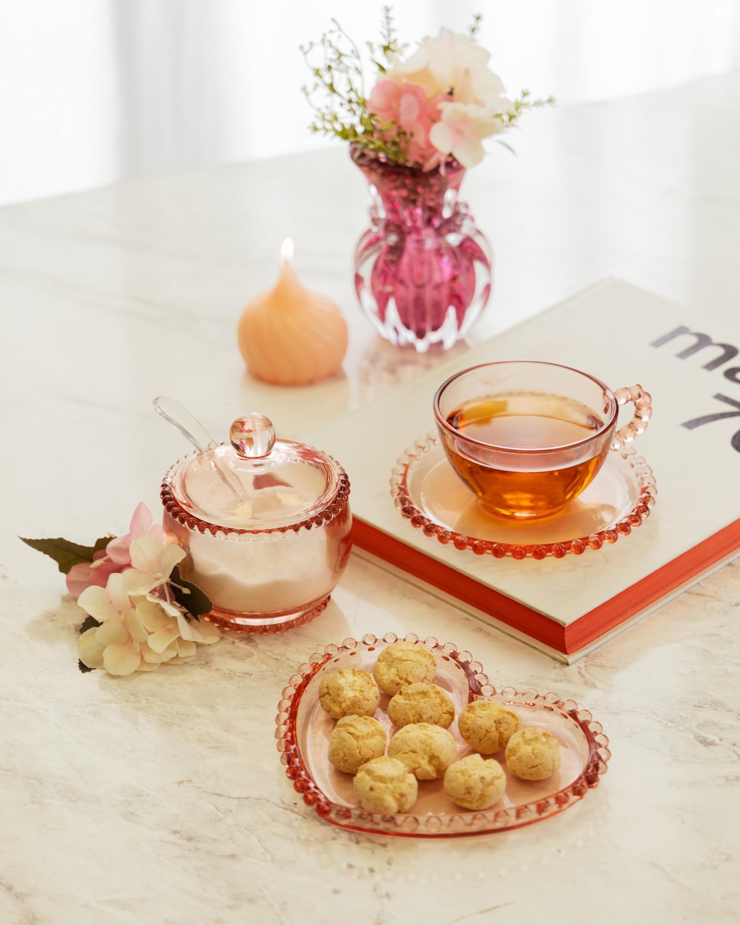 WOLFF - Pearl Crystal Beaded Sugar Bowl with Lid and Spoon - Sugar Holder, Dish for Candy Dispenser, Salt and Condiments Container, Jelly Jar (Pink, Sugar Bowl)