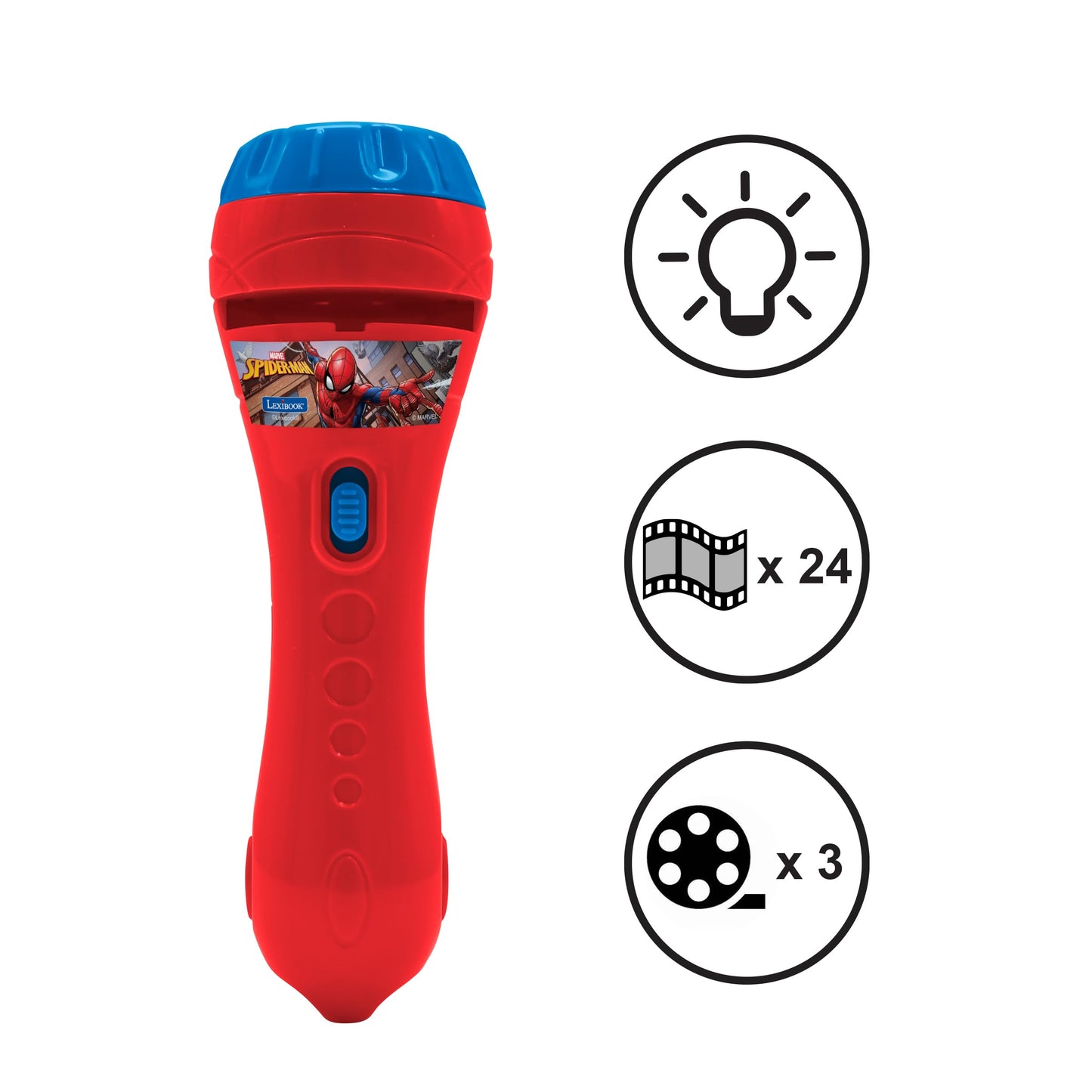 LEXIBOOK Stories projector, Spider-Man torch light and projector with 3 discs, 24 images, create your own stories, LTC050SP