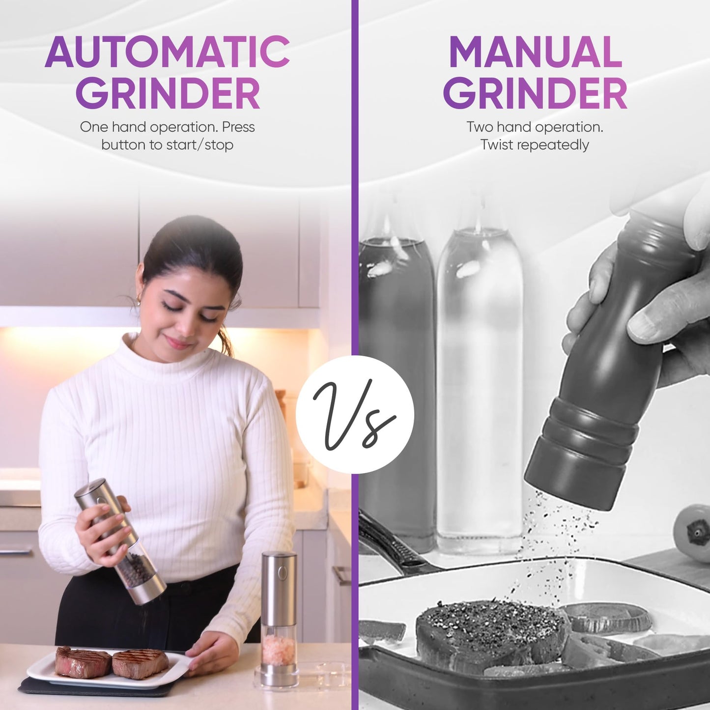 Meditati Rechargeable Automatic Salt and Pepper Grinder Set - One Hand Operation with LED Light for Precise Seasoning - Adjustable Coarseness with Ceramic Core - Set of 2