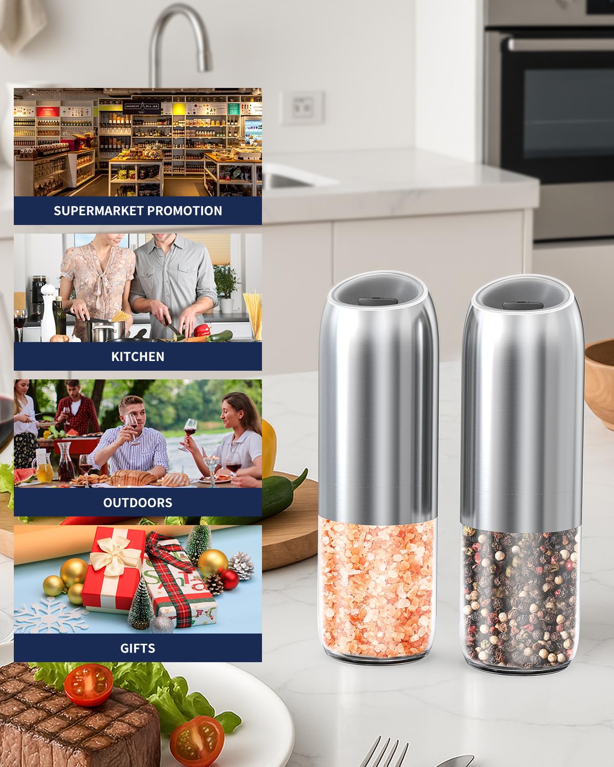 CIRCLE JOY Gravity Electric Salt and Pepper Grinder Set Battery Powered Stainless Steel Pepper Mill Grinder with 176ml Container, Adjustable Coarseness, Bright LED Light and One Hand Operation, Silver