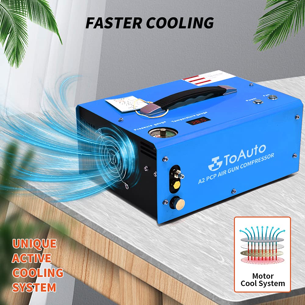 TOAUTO A2 PCP Air Compressor, Auto-Stop, Portable 4500Psi/30Mpa, Oil/Water-Free, 8MM Quick-Connector HPA Compressor for Paintball/PCP Air Rifle/Scuba Tank, Powered by Home 110V AC or 12V Car DC(Blue)