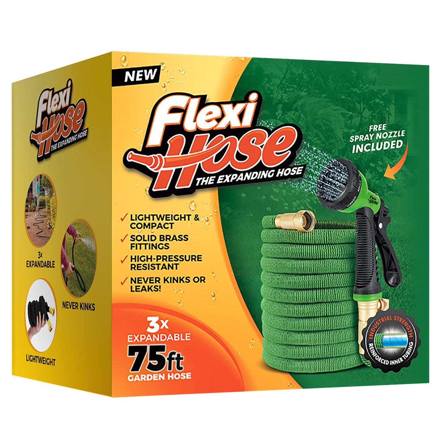 Flexi Hose Expandable Garden Hose - 75FT Heavy Duty Water Hose, Retractable Hose with 2cm Brass Fittings - Expandable Hose Design Includes Spray Nozzle (Green 23 Metres)