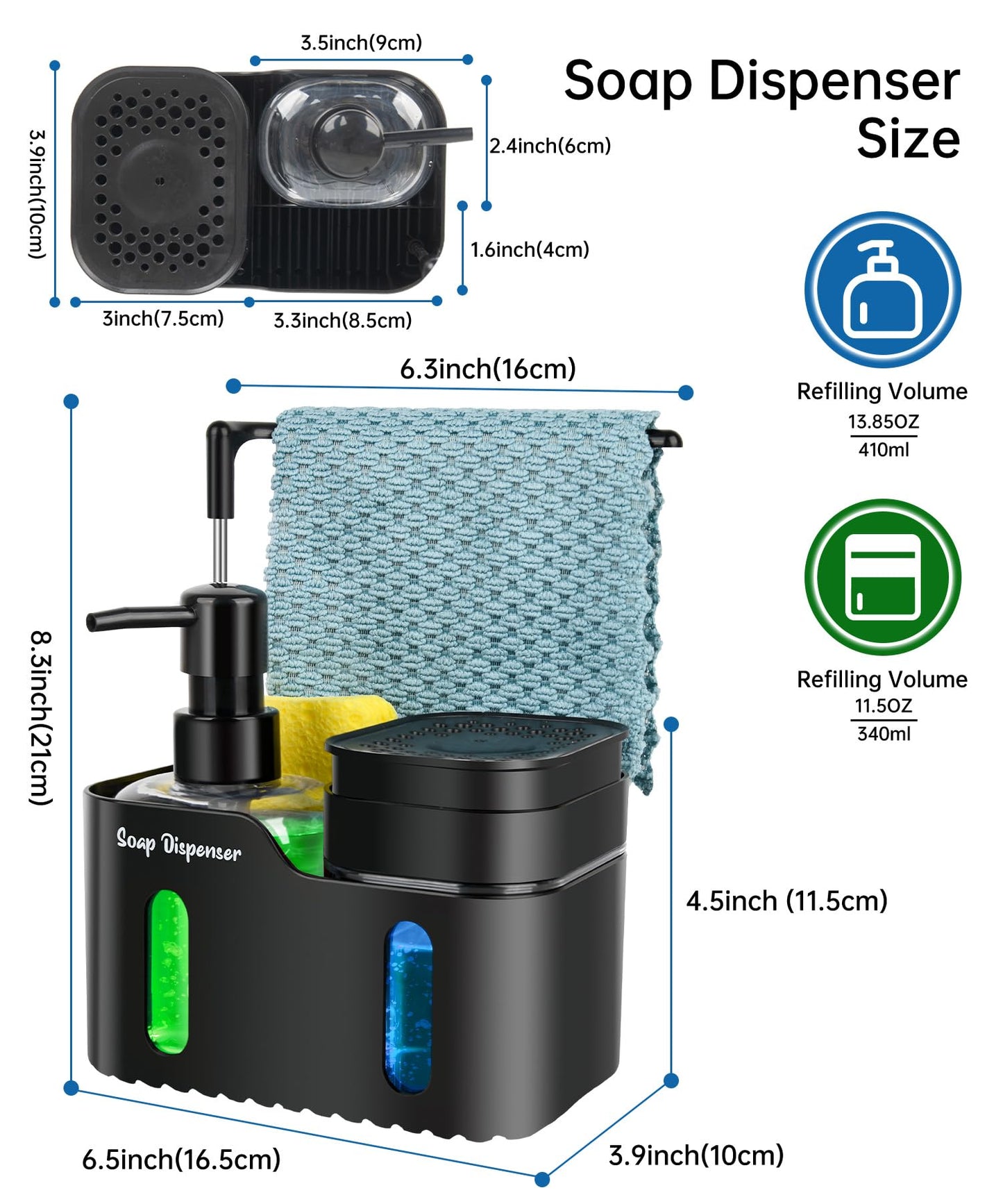 Hand Soap and Dish Soap Dispenser Set for Kitchen, Dual Soap Dispenser with Sponge Holder and Dishcloth Holder 4-in-1 Organizer for Kitchen Sink Countertop, Useful Kitchen Gadgets (Black)