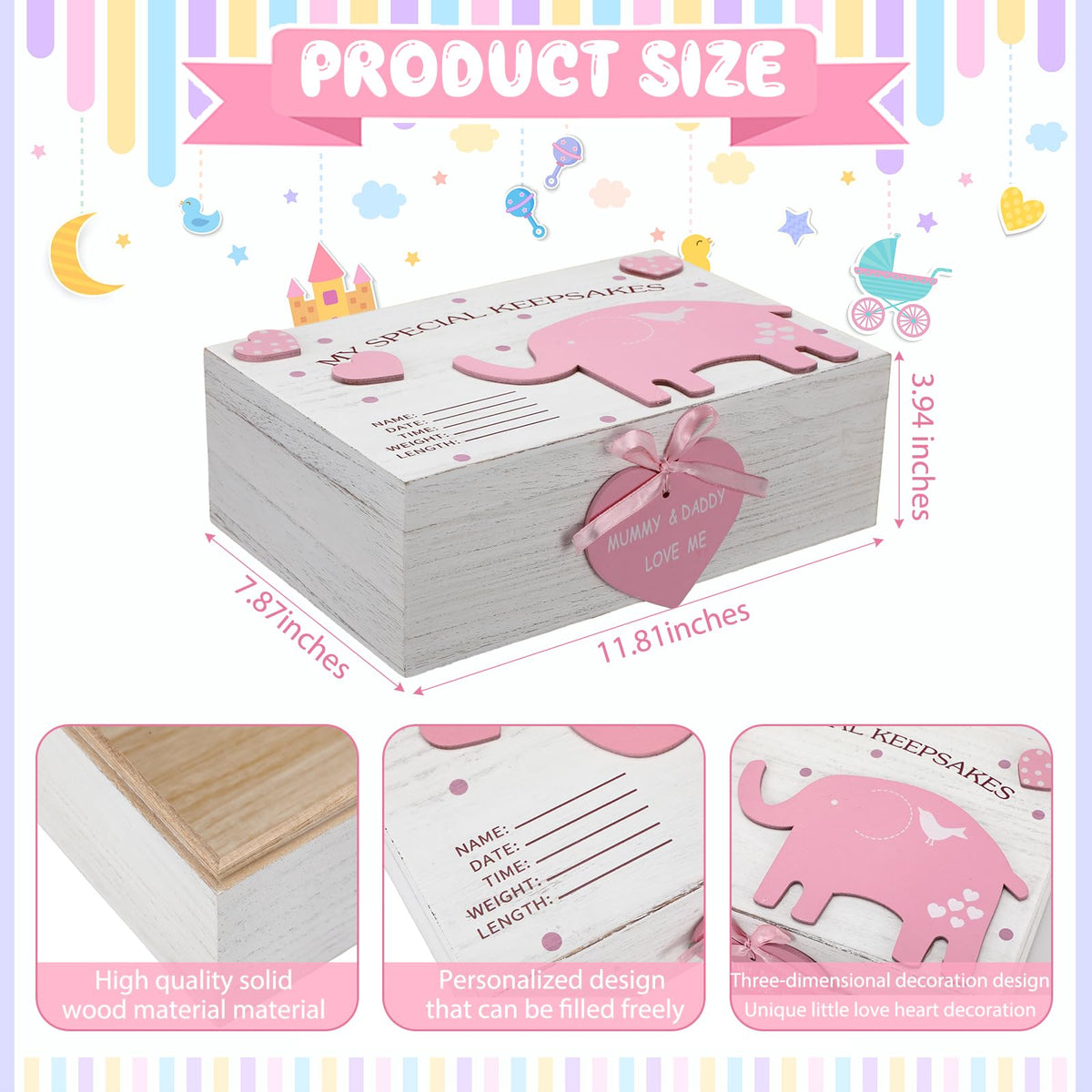 Soaoo 3D Wooden Baby Boys Memories Keepsake Box Baby Girls Elephant First Keepsake Box New Parent Newborn Baptismal Birthday Gift for Mementos 11.81'' x 7.87'' x 3.94''(Pink)