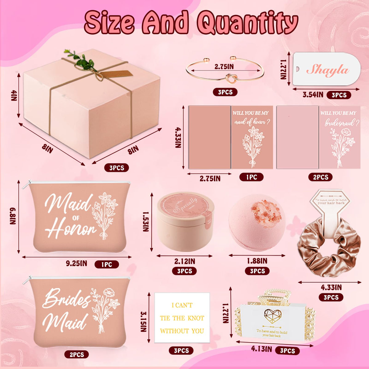 37pcs Bridesmaid Gifts Set Of 3 Pink,Maid of Honor Proposal Box Gift,Scented Candle Salt Ball Makeup Bag Rectangular Hair Clip Bridesmaids Scrunchies Knot Bracelet Bridal Shower Wedding Party