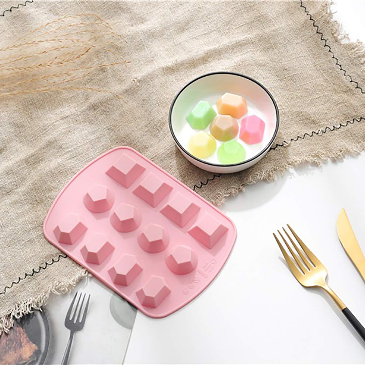 Nicunom 6 Pack Silicone Gem Shapes Candy Molds, 12 Cavity Diamond Cube Tray for Making Jelly, Candy, Chocolate, Cake Decorating, Ice Molds, Soap, Crafting