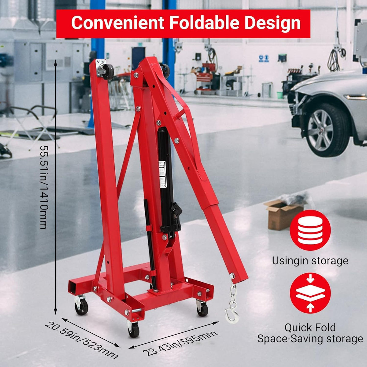 GarveeTech 2-Ton Folding Engine Hoist Cherry Picker 4400 Lb Capacity Hydraulic Shop Crane with Telescoping Boom 6 Caster Wheels for Automotive Repair Garage Use Includes Hitch and Storage Stand Yellow