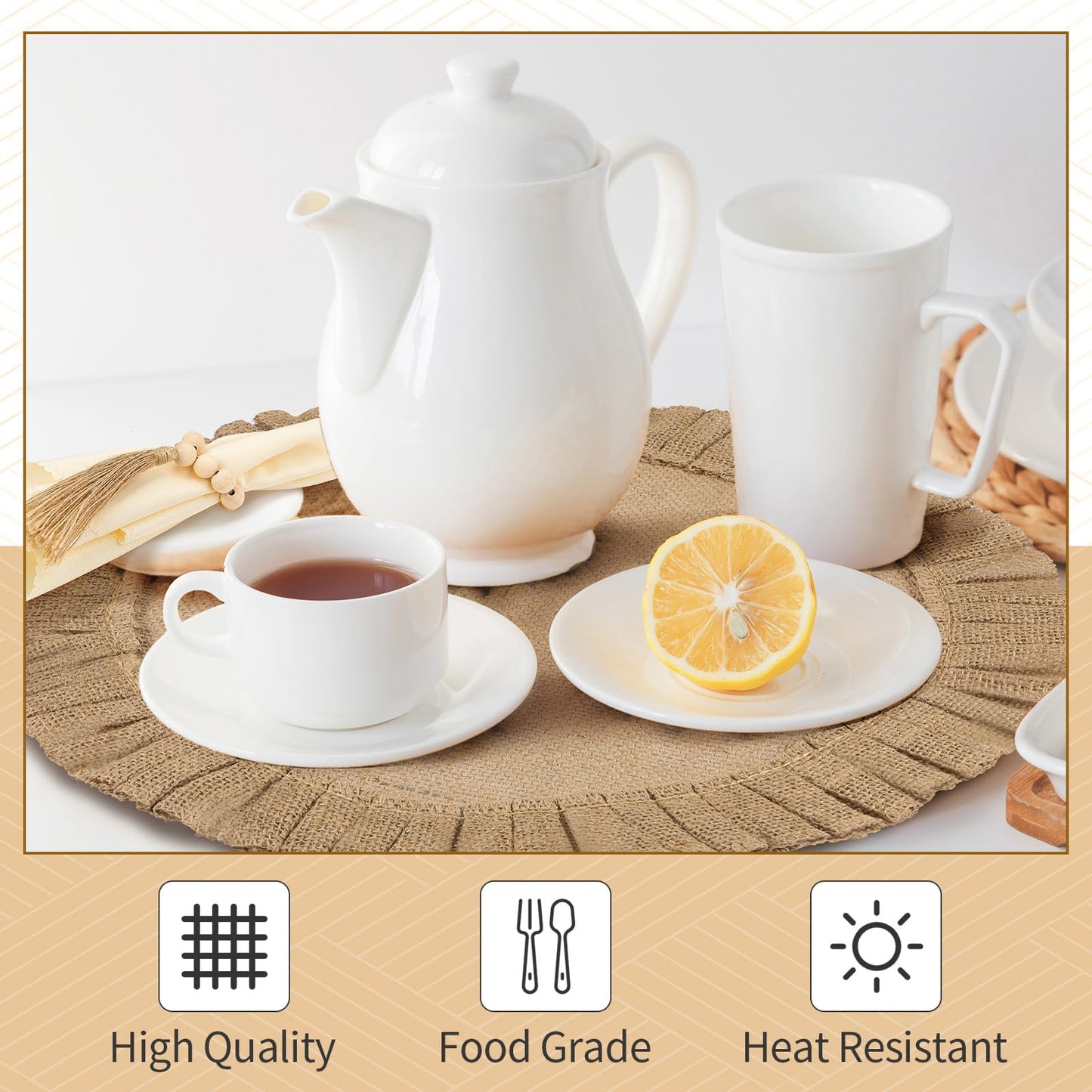 Gejoy Round Burlap Placemats Wood Bead Napkin Rings with Dinner Napkins Cloth, Jute Heat Resistant Placemats Boho Wooden Rings for Plates Wedding Dining Table(36 Pcs)