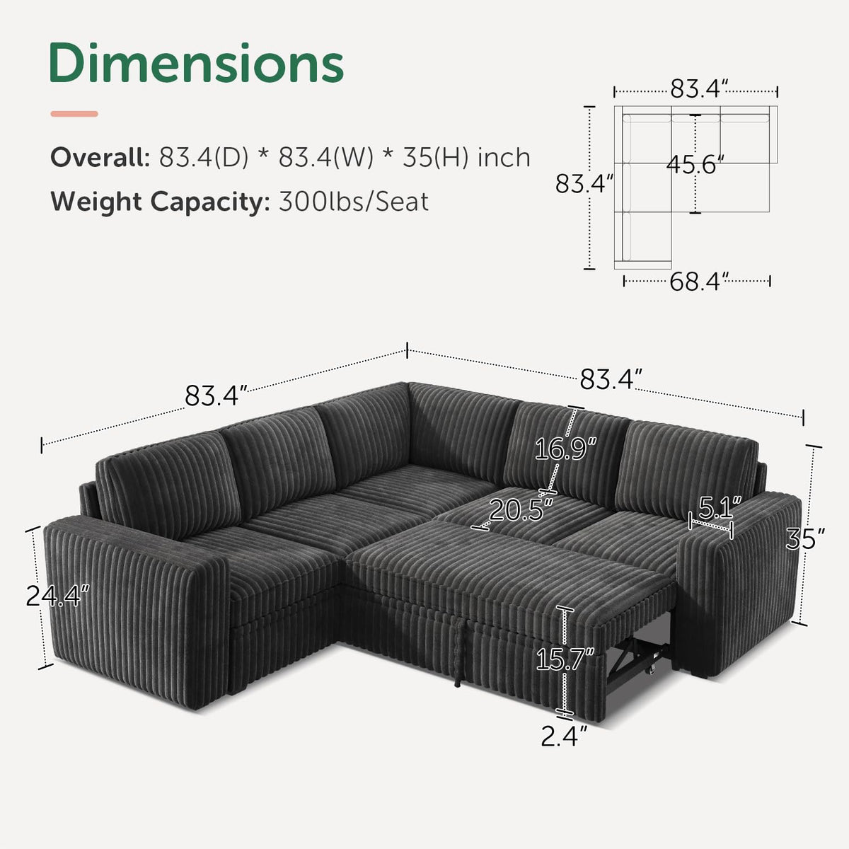HONBAY Modular Sectional Sleeper Sofa with Pull Out Bed,Corduroy L Shaped Couch with Storage, Sectional Couches for Living Room,Dark Grey