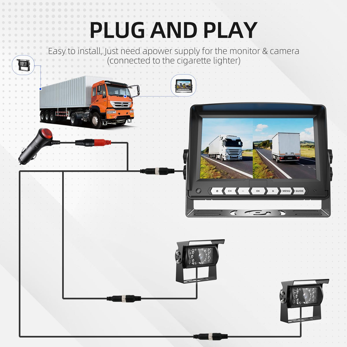 Tulakeey 7'' Wired Backup Camera System with DVR Recording, 1080P HD Monitor & IP69 Waterproof RV Rear View Camera, Loop Recording, Split Screen, 12V-24V