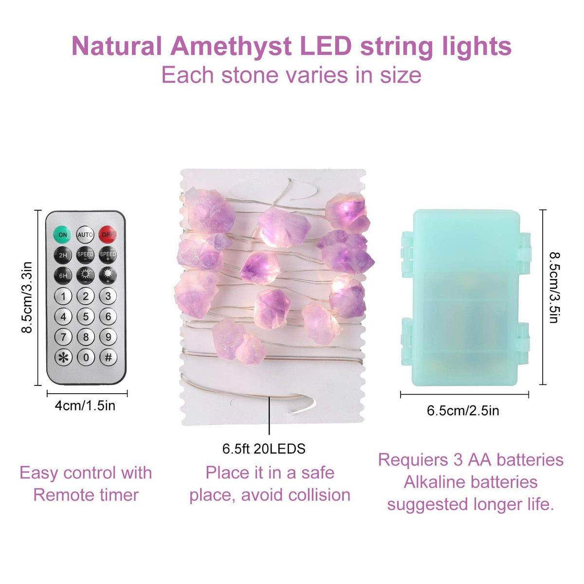 Natural Amethyst Decorative Lights Crystal Indoor String Lights Raw Stones 8.5feet 20LEDs with Remote Control, Hanging Healing Reiki Ornaments Battery Operated for Room Wedding Valentines Day Decor