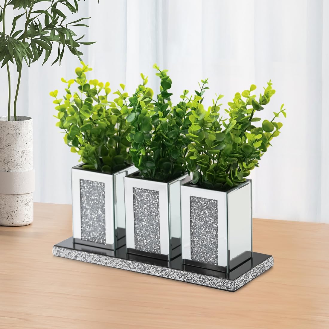 Pibeyer Crystal Crush Diamond Jar Table Centerpiece Decorations for Dining Room, Coffee Table Decor Wooden Tray with 3 Mirrored Jars Artificial Plants for Kitchen, Living Room, Home Décor