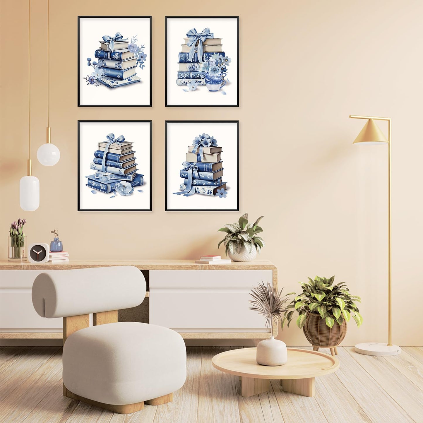 Locomiss Blue and White Floral Bow Book Chinoiserie Wall Art Decor Posters, Blue Bow Book Flower Bookish Girly Wall Art Decor For Bedroom Dorm Living Room Classroom Library, Set of 4 (8x10 Unframed)