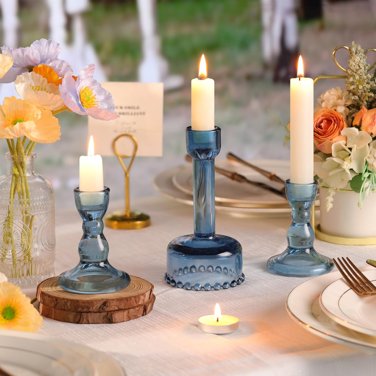 Lanttu Glass Candlestick Holders Set of 6 Blue Taper Candle Holder Bulk Crystal Candle Holders for Wedding, Table Centerpiece, Home Decoration
