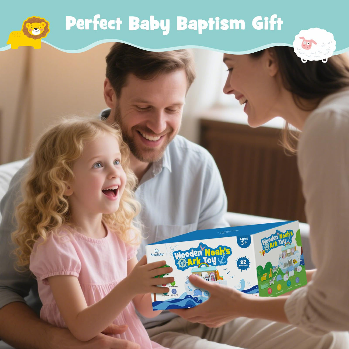 SIMPLIPLAY Wooden Noah's Ark Toy - Toddler Montessori STEM Learning Noahs Ark Toy with Story Book & Wooden Animal Shape Sorter, Christian Toy for Boys Girls Christmas Baptism Gifts