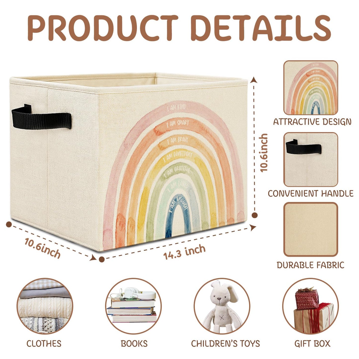 Elefeltclave Inspirational Boho Kids Storage Bins, Positive Affirmation Rainbow Collapsible Storage Basket Organizer for Kids Room Nursery Bathroom Clothes Toys Books, Toybox for Boys Girls