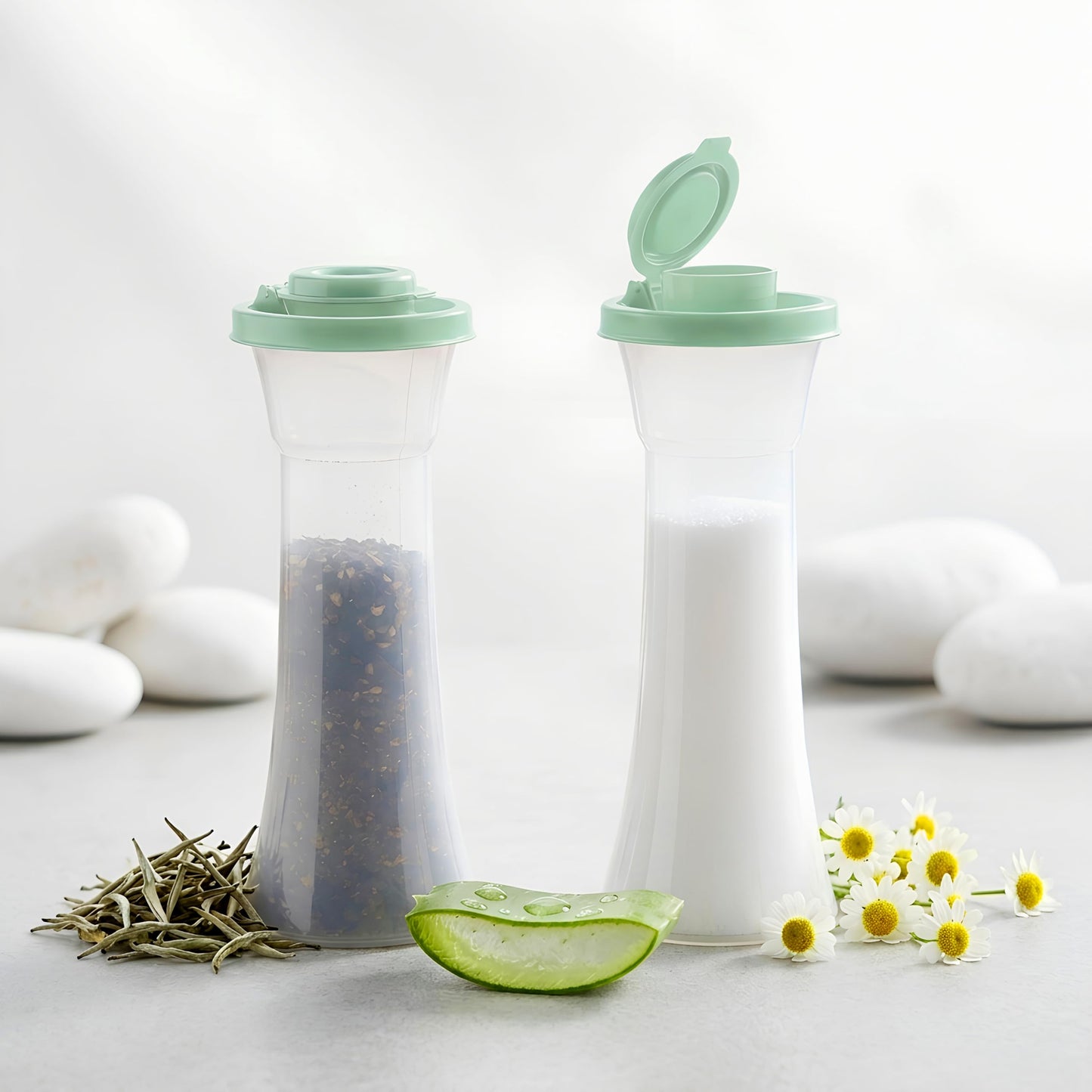 Tupperware Large Hourglass Salt and Pepper Shakers Clear Containers with Sage Green