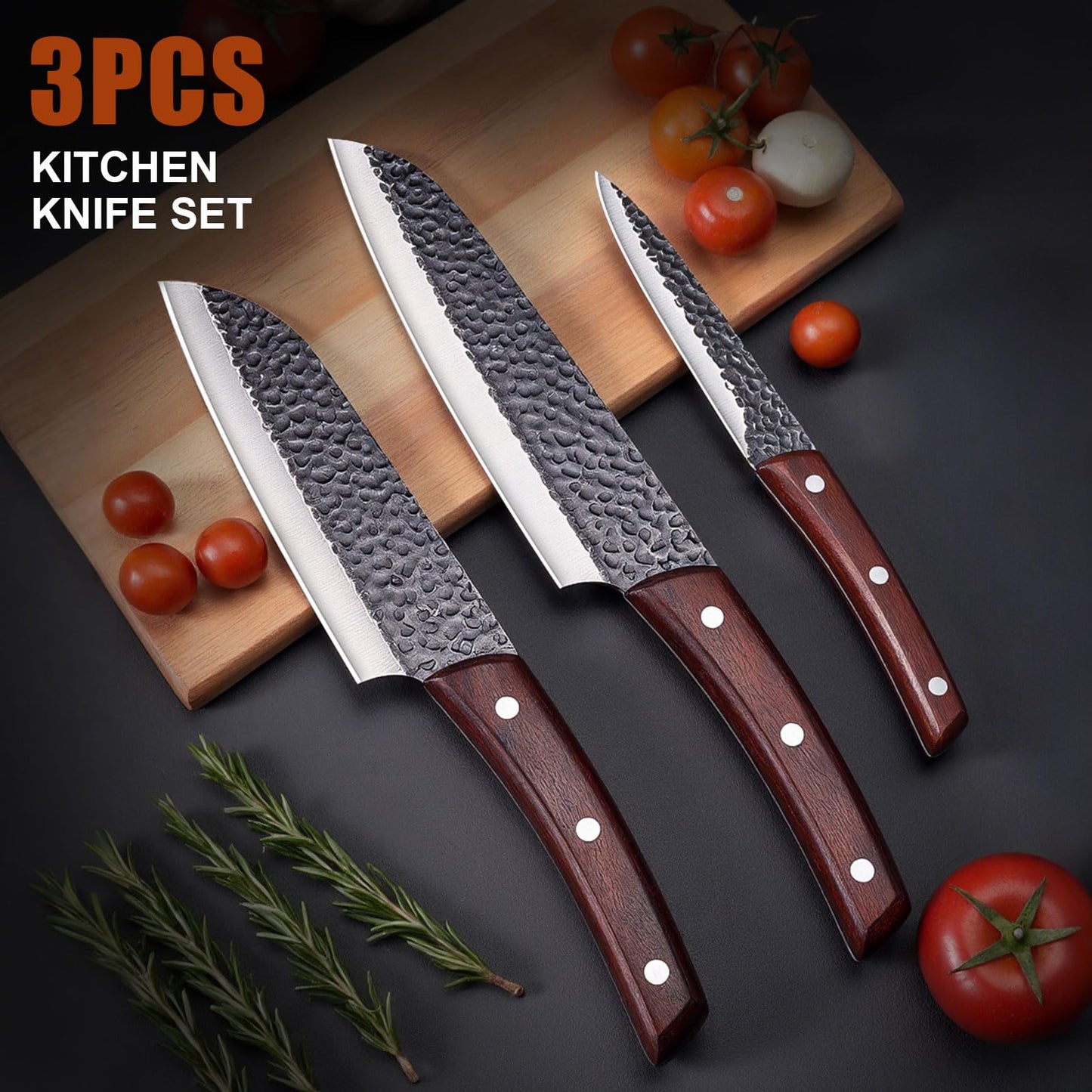 Topfeel 3PCS Kitchen Knife Set, Hand Forged High Carbon Stainless Steel Chef Knife Sets, Ultra Sharp Professional Japanese Knife Sets With Wood Ergonomic Handle & GIFT BOX