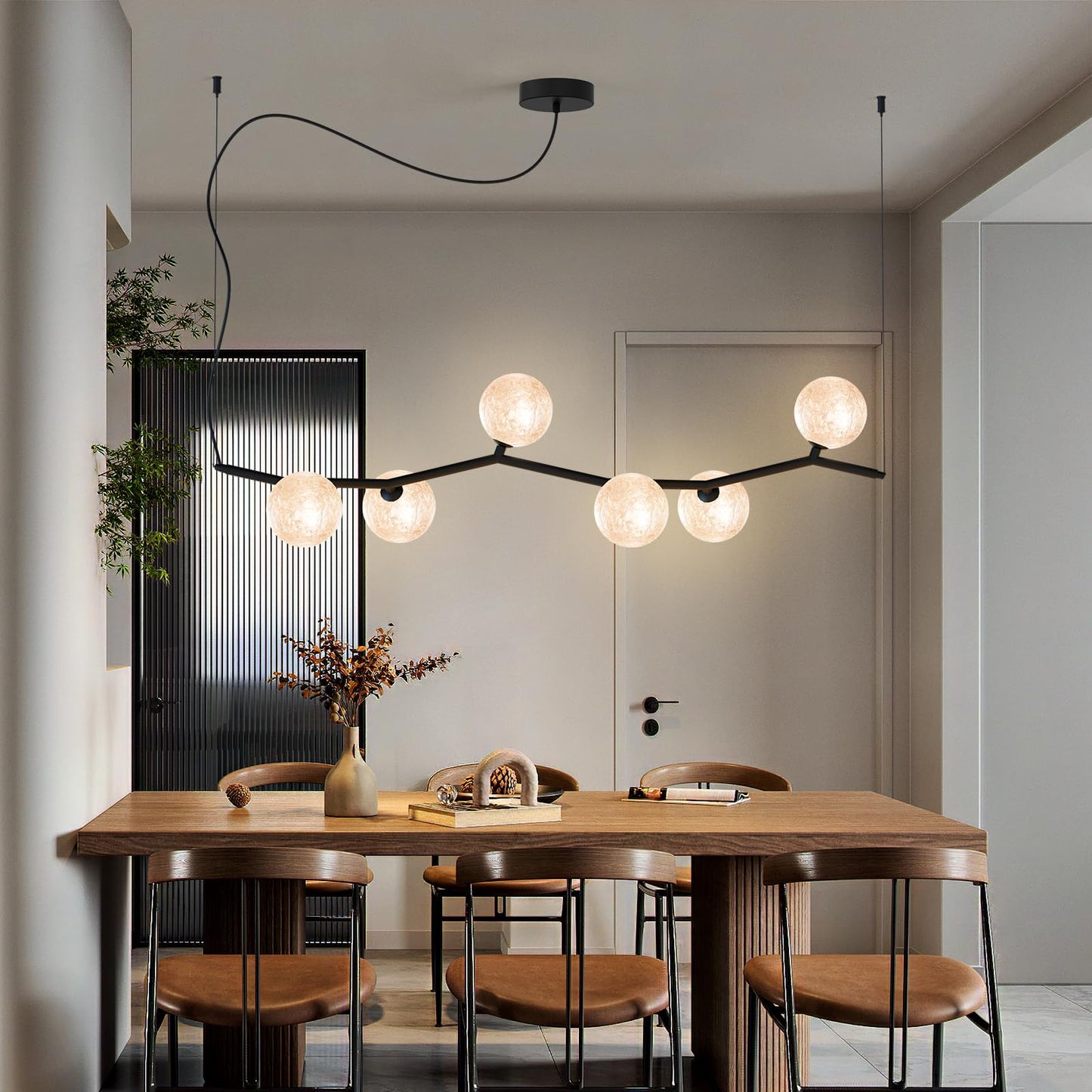 ziidoo Modern Branch Glass Chandelier,6-Lights Pendant Light Ice Crystal Pattern Lampshade Ceiling Artistic Tree Shape Hanging Light Fixtures Over Table for Dining Island Living Room Bar Kitchen