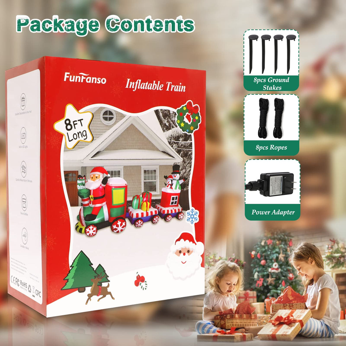 8 FT Christmas Inflatable Train with Santa Claus, Snowman, Penguin, Gift Boxes, Blow Up Yard Decorations with Built-in Lights, Lovely Xmas Train Carriage for Holiday Display Lawn Garden Party Decor