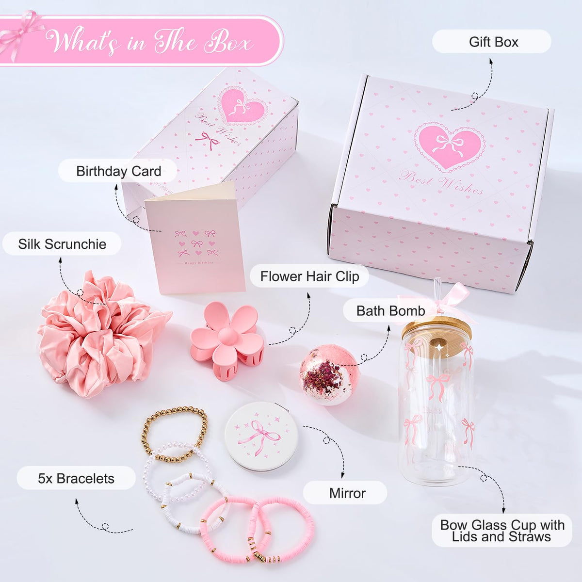 LANGASQUE Birthday Gifts for Women Teen Girls, Happy Birthday Gift Baskets for Women, Coquette Pink Bow Glass Cup Gift Box Set, Chrismas Gifts for Daughter Sister Wife Girlfriend Mom