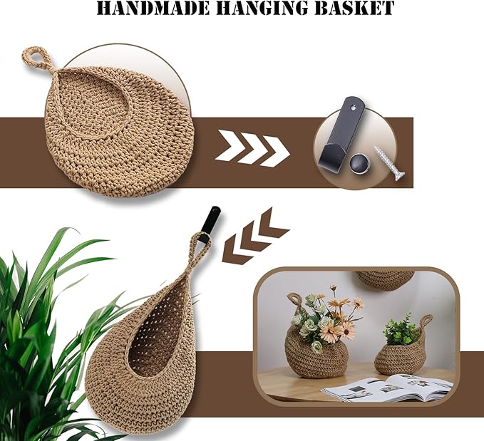 Hanging Fruit Basket Set of 3, Boho Wall Hanging Storage Jute Basket