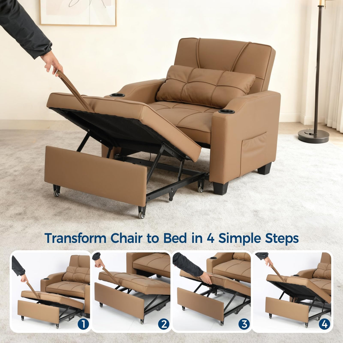 4 in 1 Convertible Sleeper Chair Bed with Vibration Massage Lumbar Pillow, Single Sofa Recliner Featuring USB/Type-C Port, Cup Holders & Side Pocket, Space-Saving Pull Out Bed for Small Spaces, Brown