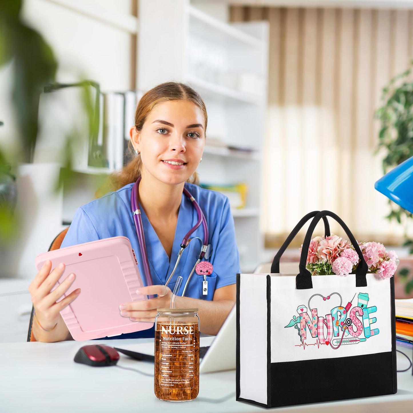 Zopeal Nurse Appreciation Gifts for Women Nursing Gifts Bulk Includes Badge Holder Reel, Tote Bag, Makeup Bag, Socks, Keychain, Cup, and Clipboards(Pink)
