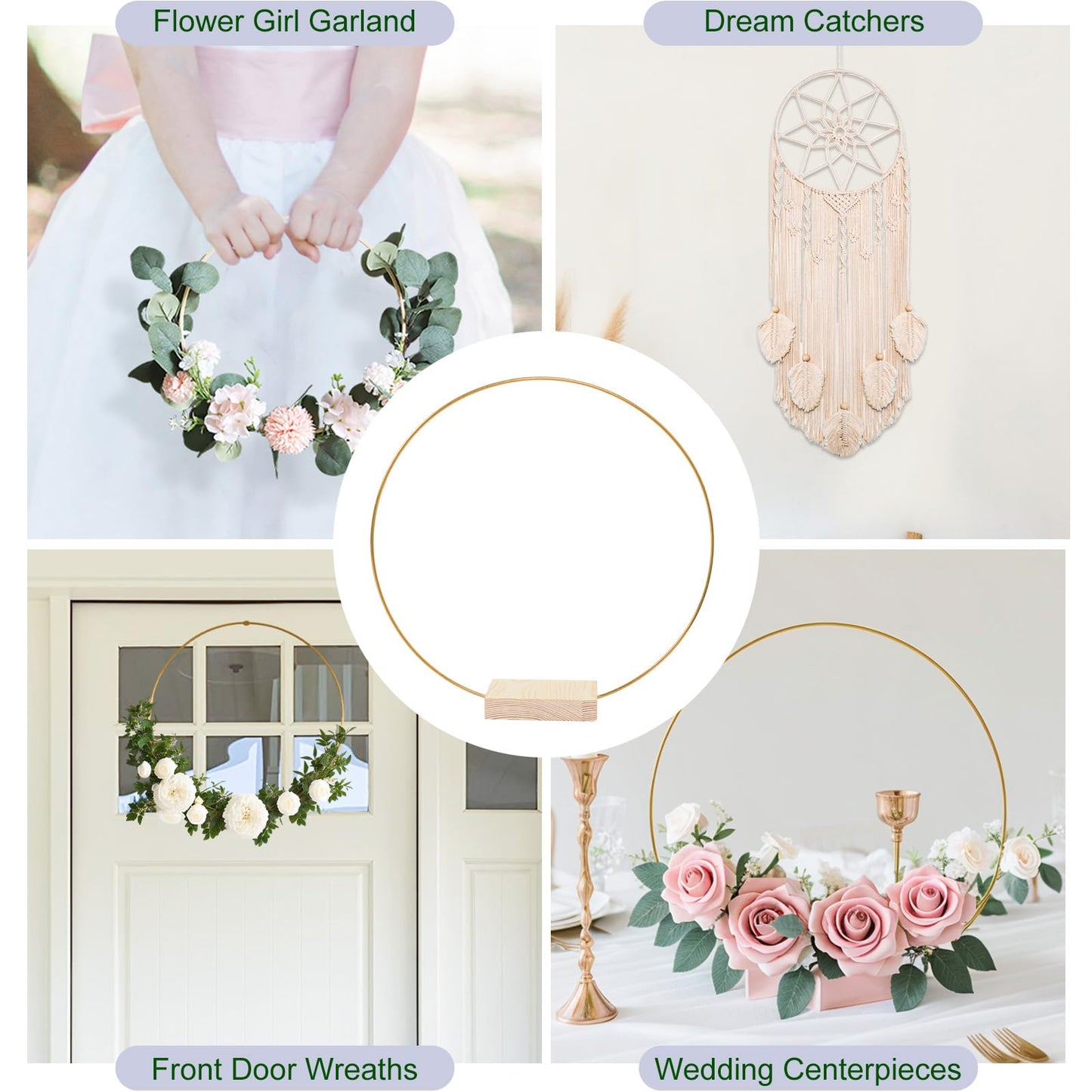 GUDELAK 12Pcs 12 Inch Floral Hoop Centerpiece Table Decorations, Metal Gold Center Pieces Decoration for Table with Wood Base, Table Centerpieces for DIY Wedding Decor Wall Hanging Crafts