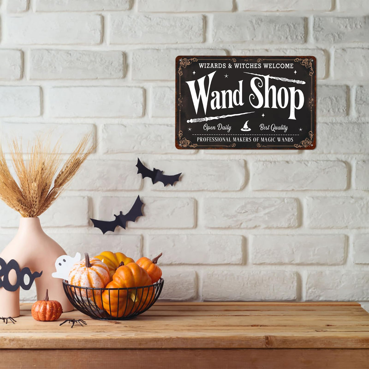 Wand Shop Wizards & Witches Welcome Halloween Metal Tin Sign Wall Art for Farmhouse Home Cafes Haunted House Halloween Holiday Party Decor 8x12 Inch