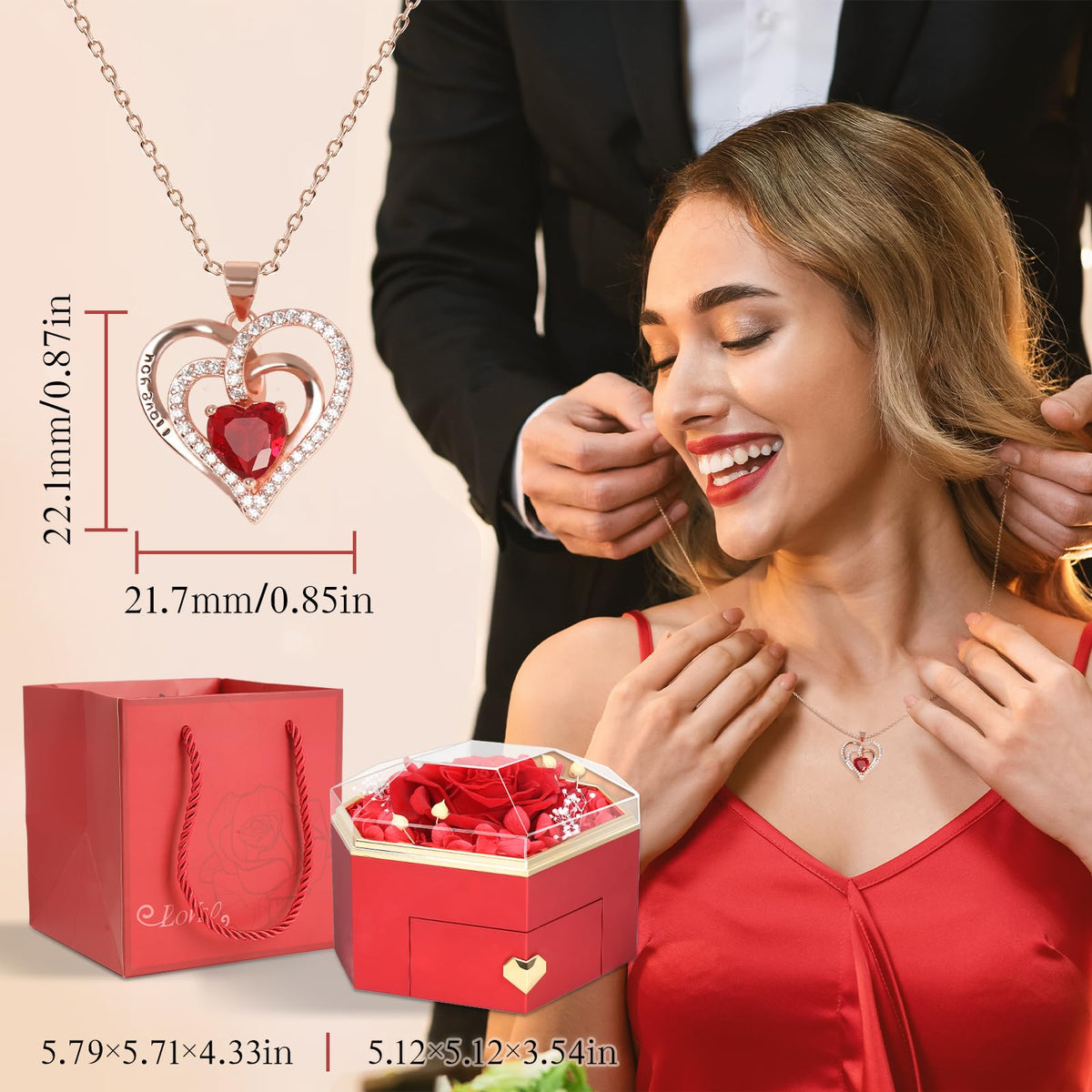 Joniuuca Preserved Real Red Rose Gift Box with Heart Necklace - Eternal Flower Gift for Mothers Day, Girlfriend, Wife, Mom on Valentine's Day, Birthday, Christmas, Anniversary, Thanksgiving(Golden)