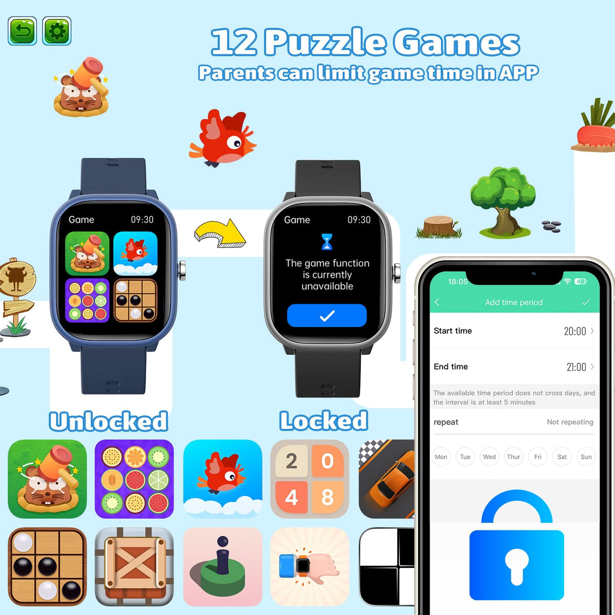 Fikami Smart Watch for Kids Girls Boys No APP/Phone Needed, 1.83" IP68 Waterproof Sport Watch Pedometer, Heart Rate, Sleep Monitor, Step Counter, 12 Puzzle Games for Girls Boys Teens 6-16
