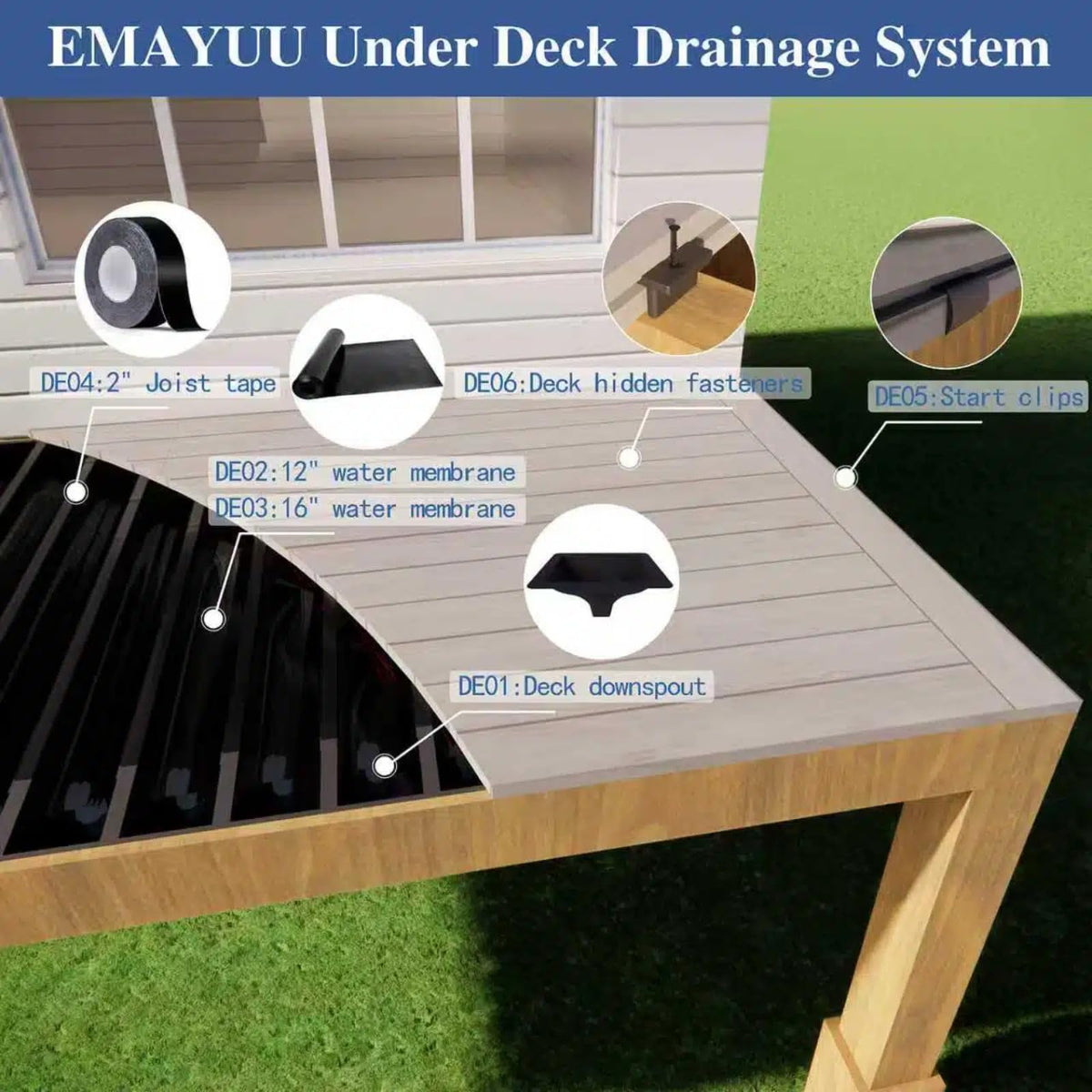 Emayuu 20PCS Black Downspouts for Under Deck Drainage System, PE Deck Downspouts Use for 12"&16" Joist Spacing
