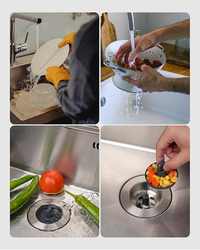 Hibbent 2 Pack 3 in 1 Kitchen Sink Drain Strainer and Stopper Combo, Stainless