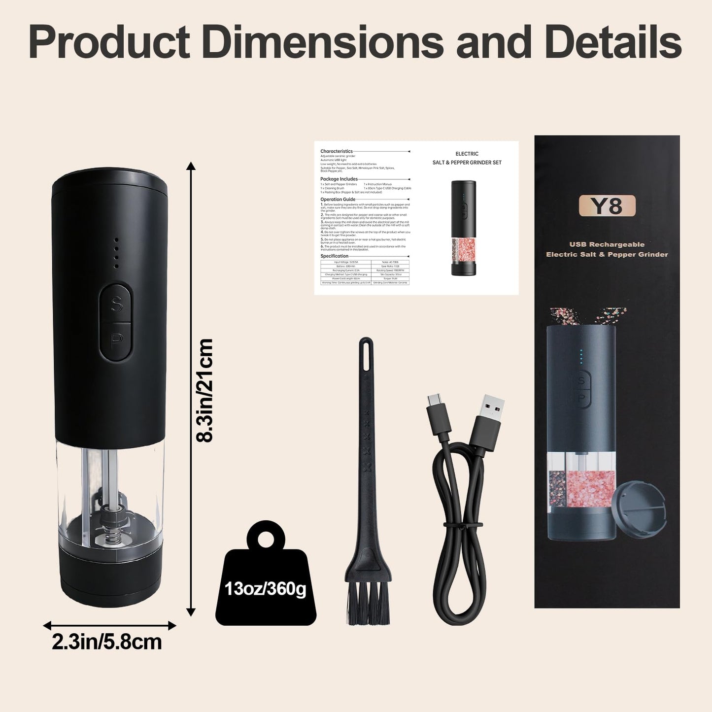 Agilive 2 in 1 Electric Salt and Pepper Grinder Set, Dual Ceramic Grinder Adjustable Coarseness, Kitchen gift, Automatic Salt and Pepper Mill Shakers with Battery Display(Black)