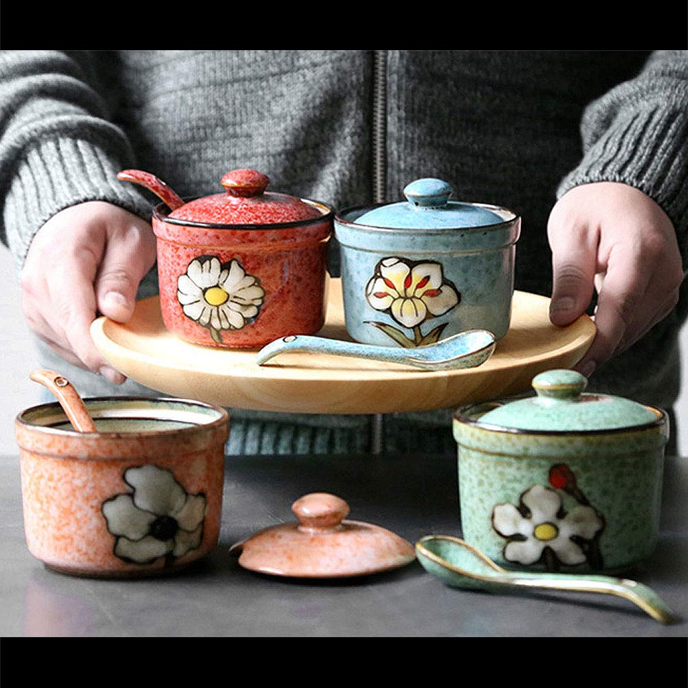 VanEnjoy Traditional China Retro Hand Painted Flower Ceramic Round Sugar Spice Containers Porcelain Jar with Spoon Round Condiment